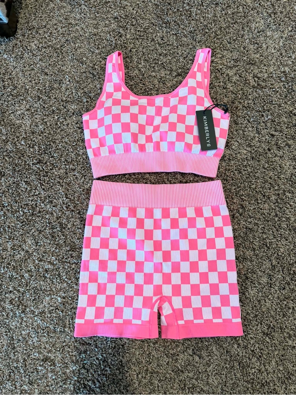 KIMBERLY C Women's 2-Piece Knit Check Set Top & Shorts Pink/White Size M